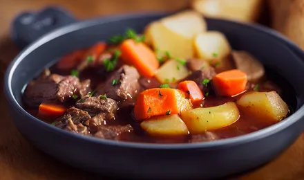 Bœuf carotte mijoté, morceaux de viande fondante et rondelles de carottes nappés d'une sauce onctueuse en cocotte