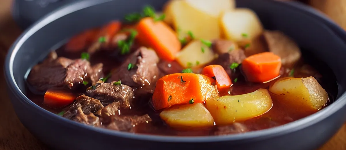 Bœuf carotte mijoté, morceaux de viande fondante et rondelles de carottes nappés d'une sauce onctueuse en cocotte