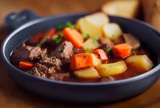 Bœuf carotte mijoté, morceaux de viande fondante et rondelles de carottes nappés d'une sauce onctueuse en cocotte
