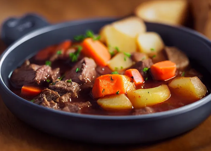Bœuf carotte mijoté, morceaux de viande fondante et rondelles de carottes nappés d'une sauce onctueuse en cocotte