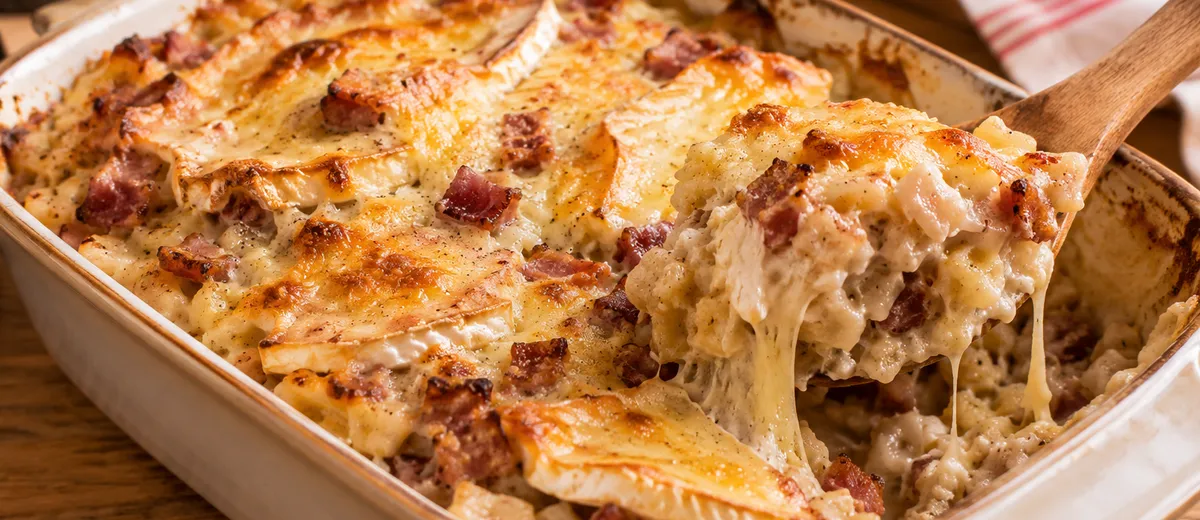 Croziflette gratinée dans son plat, crozets crémeux aux lardons et reblochon fondu doré sur le dessus