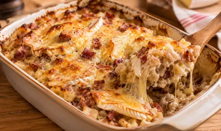 Croziflette gratinée dans son plat, crozets crémeux aux lardons et reblochon fondu doré sur le dessus