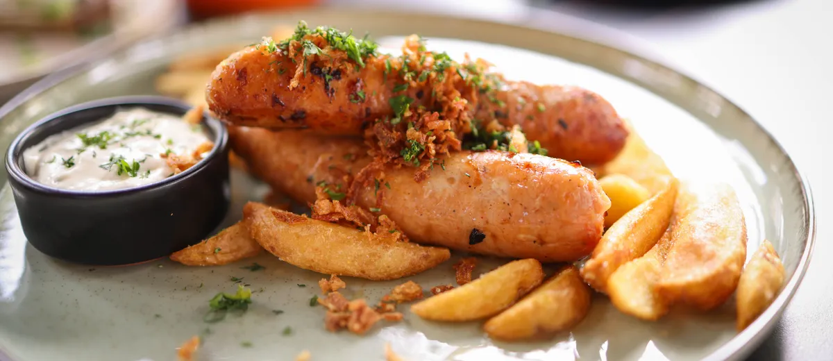 Currywurst, tronçons de saucisse grillée nappés de sauce tomate au curry et saupoudrés de poudre de curry, servis avec des frites.