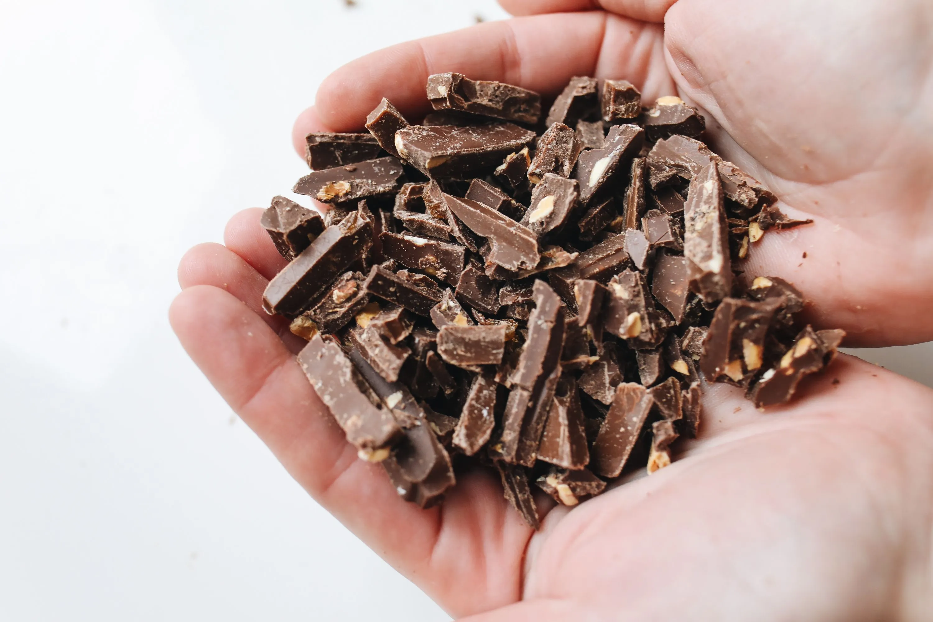 Écorces de chocolat cassées en morceaux irréguliers, parsemées de pistaches et de fruits secs
