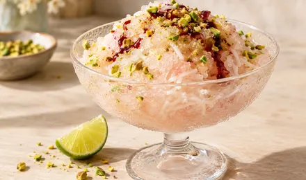 Coupe de faloodeh, vermicelles de riz glacés dans un sirop à l'eau de rose, garnie d'un trait de citron vert et de pistaches.