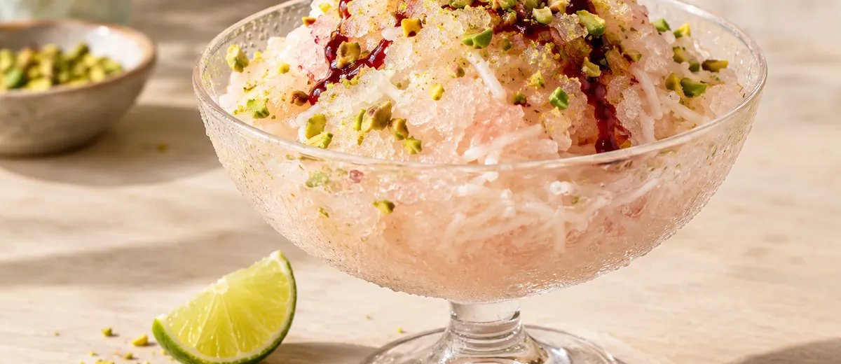 Coupe de faloodeh, vermicelles de riz glacés dans un sirop à l'eau de rose, garnie d'un trait de citron vert et de pistaches.