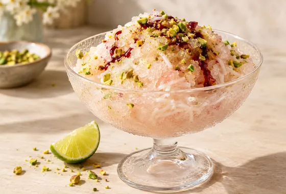 Coupe de faloodeh, vermicelles de riz glacés dans un sirop à l'eau de rose, garnie d'un trait de citron vert et de pistaches.
