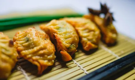 Gyoza japonais dorés à la poêle, alignés en arc de cercle, servis avec un petit bol de sauce soja vinaigrée.