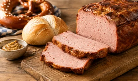 Leberkäse bavarois tranché, croûte dorée et mie rose, servi avec de la moutarde et un petit pain