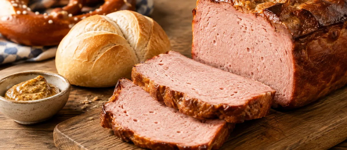 Leberkäse bavarois tranché, croûte dorée et mie rose, servi avec de la moutarde et un petit pain