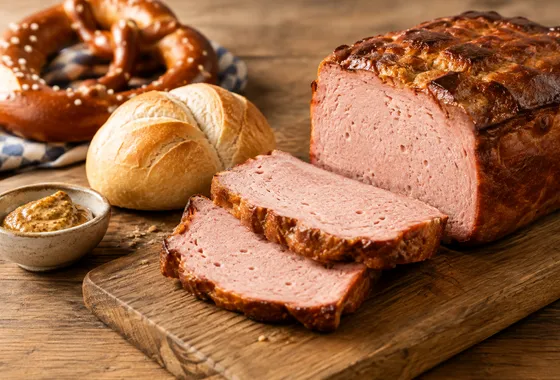 Leberkäse bavarois tranché, croûte dorée et mie rose, servi avec de la moutarde et un petit pain