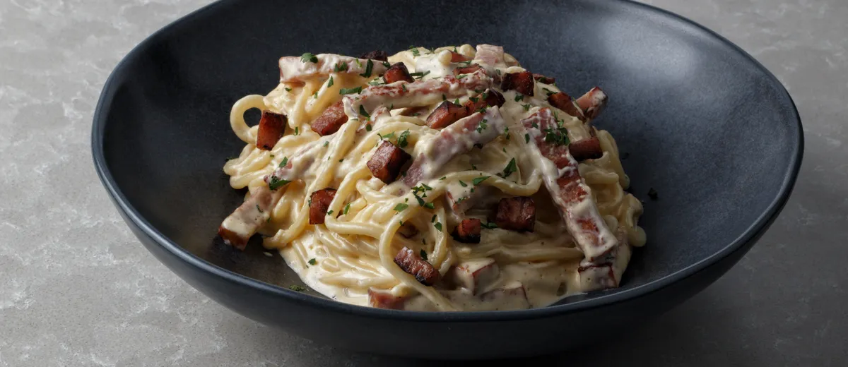Spaghetti alla carbonara nappés d'une crème d'œuf et de pecorino, parsemés de guanciale croustillant et de poivre noir concassé.